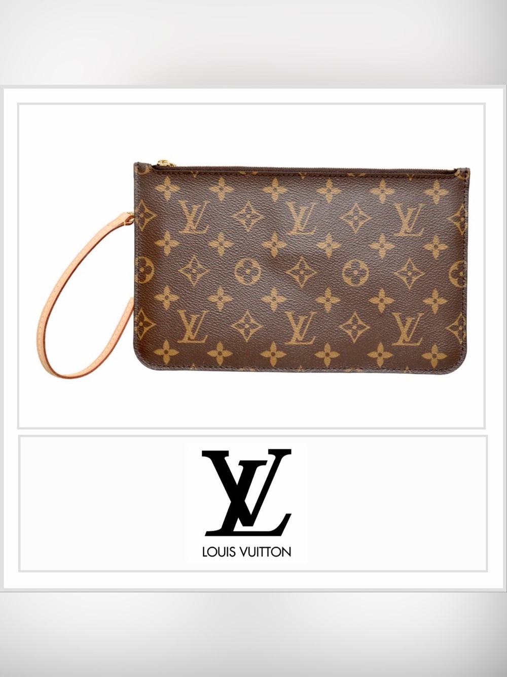 Louis Vuitton Neverfull MM Pochette Wristlet Pouch Brown Logo Monogram